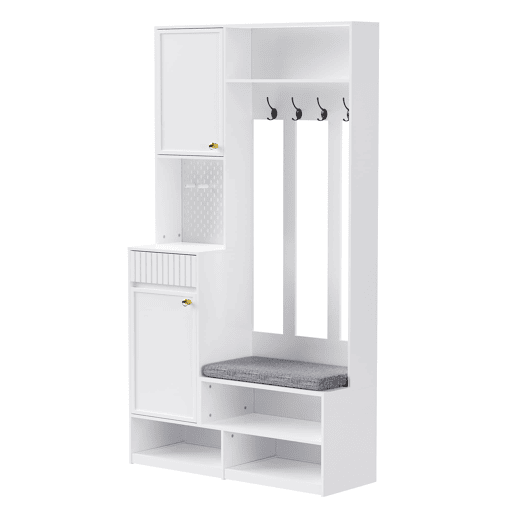 Conjunto de guarda-roupa 100x180x35 cm - Guarda-roupa com assento, 4 ganchos, portas e gavetas - Branco