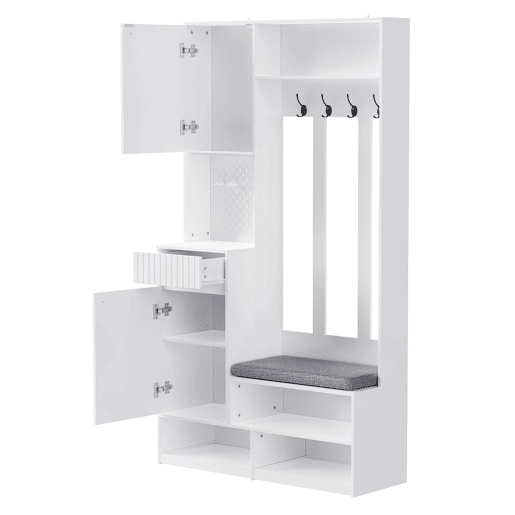 Conjunto de guarda-roupa 100x180x35 cm - Guarda-roupa com assento, 4 ganchos, portas e gavetas - Branco