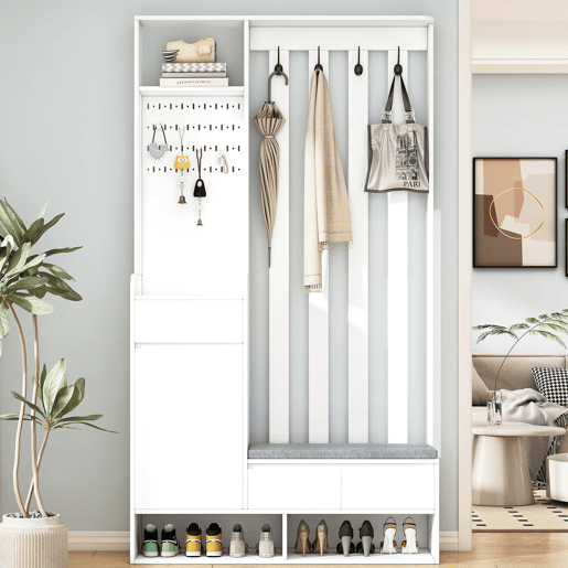 Conjunto de guarda-roupa 180x100x35 cm - com banco almofadado e 4 ganchos - Branco
