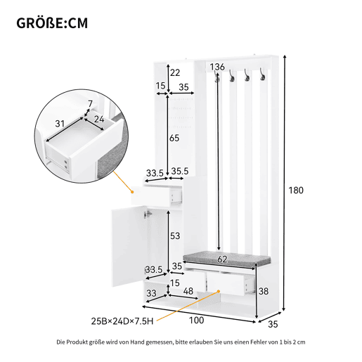 Conjunto de guarda-roupa 180x100x35 cm - com banco almofadado e 4 ganchos - Branco