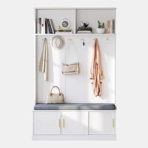 Cabideiro com banco para sapatos 120x40x191 cm - 6 ganchos triplos - Freestanding - Branco