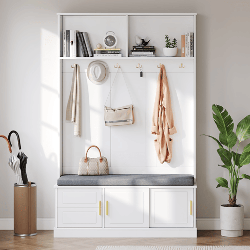 Cabideiro com banco para sapatos 120x40x191 cm - 6 ganchos triplos - Freestanding - Branco