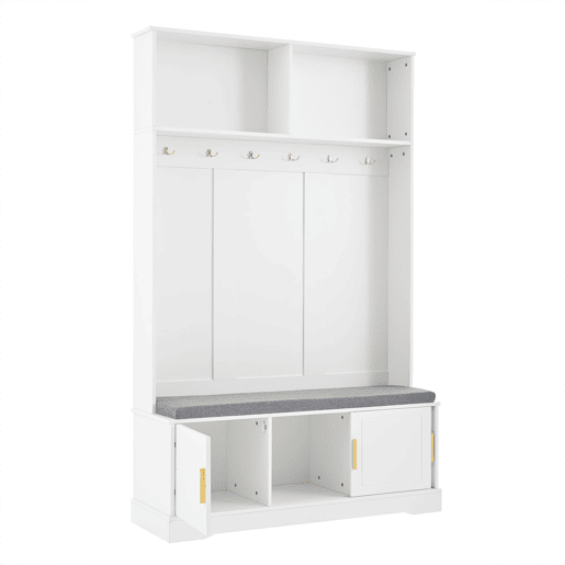 Cabideiro com banco para sapatos 120x40x191 cm - 6 ganchos triplos - Freestanding - Branco