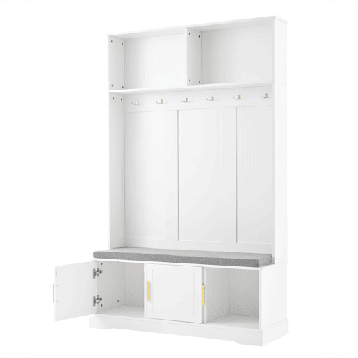 Cabideiro com banco para sapatos 120x40x191 cm - 6 ganchos triplos - Freestanding - Branco