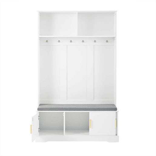 Cabideiro com banco para sapatos 120x40x191 cm - 6 ganchos triplos - Freestanding - Branco