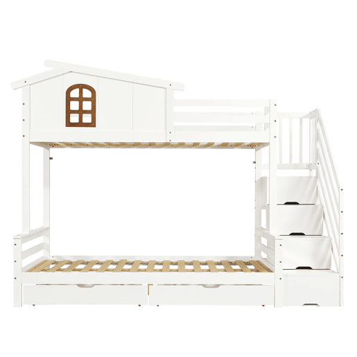 Beliche com duas gavetas - 90x200 cm e 120x200 cm - Janelas decorativas, armário de canto - Branco+Natural