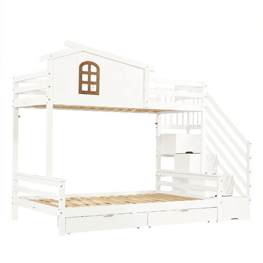 Beliche com duas gavetas - 90x200 cm e 120x200 cm - Janelas decorativas, armário de canto - Branco+Natural