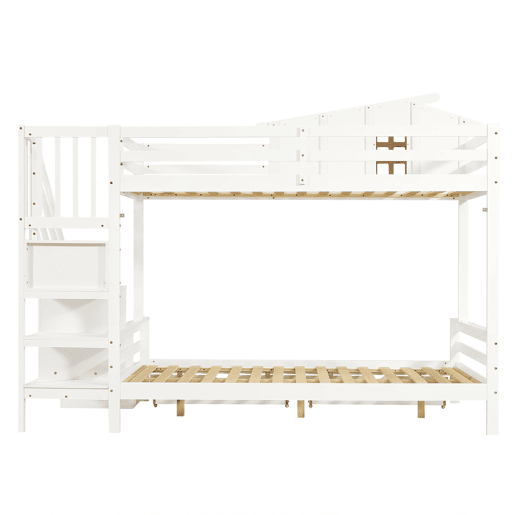 Beliche com duas gavetas - 90x200 cm e 120x200 cm - Janelas decorativas, armário de canto - Branco+Natural