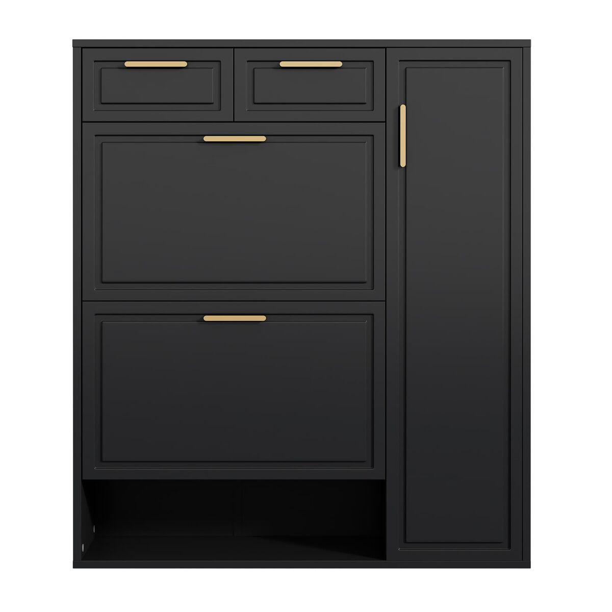 Zapatero moderno 95x24x107 cm - con estantes ajustables, asas doradas, cajones y puertas - negro