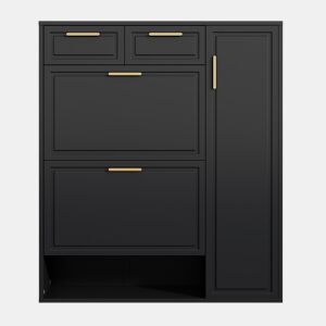 Sapateira moderna 95x24x107 cm - com prateleiras ajustáveis, puxadores dourados, gavetas e portas - Preto