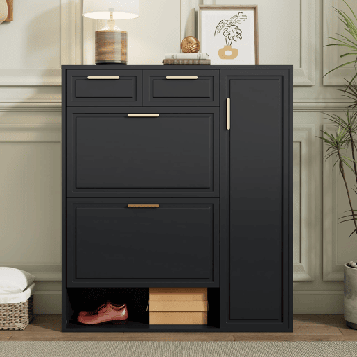 Sapateira moderna 95x24x107 cm - com prateleiras ajustáveis, puxadores dourados, gavetas e portas - Preto