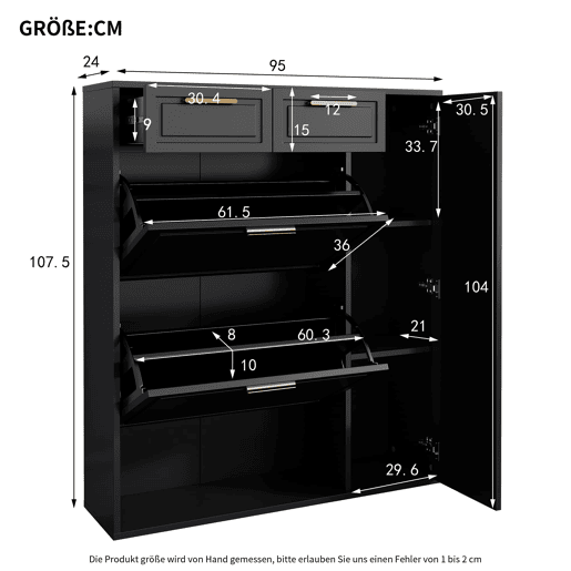 Sapateira moderna 95x24x107 cm - com prateleiras ajustáveis, puxadores dourados, gavetas e portas - Preto