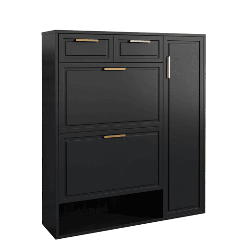 Sapateira moderna 95x24x107 cm - com prateleiras ajustáveis, puxadores dourados, gavetas e portas - Preto