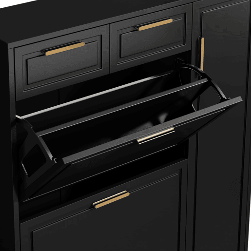 Sapateira moderna 95x24x107 cm - com prateleiras ajustáveis, puxadores dourados, gavetas e portas - Preto