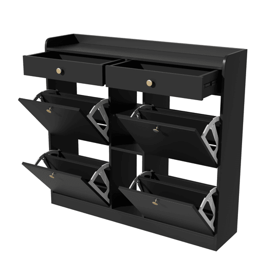 Armário para sapatos preto 110x26x100 cm - 4 portas batentes, 2 gavetas, 3 compartimentos abertos