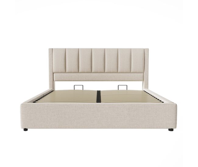 Cama tapizada 180x200 cm - cama doble con soporte oculto para tazas y estación de carga - beige