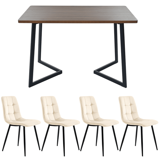 Conjunto de sala de jantar de 5 peças 117x68 cm - Mesa com 4 cadeiras, madeira de nogueira, pernas metálicas pretas, cadeiras de veludo bege