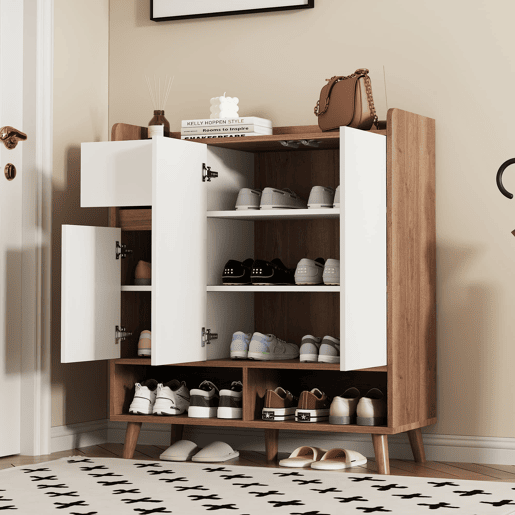 Sapateira com prateleiras ajustáveis - Organizador minimalista com pés em madeira maciça - 99x90x35 cm - Branco + Natural