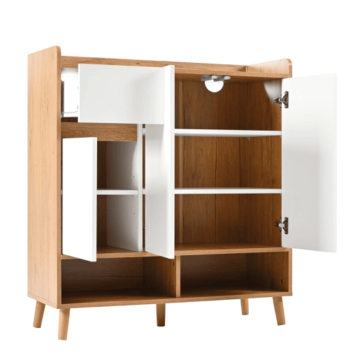 Sapateira com prateleiras ajustáveis - Organizador minimalista com pés em madeira maciça - 99x90x35 cm - Branco + Natural