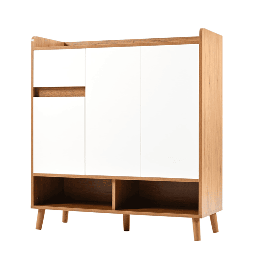 Sapateira com prateleiras ajustáveis - Organizador minimalista com pés em madeira maciça - 99x90x35 cm - Branco + Natural