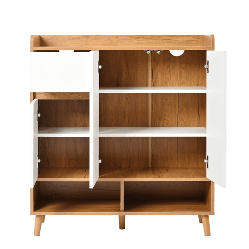 Sapateira com prateleiras ajustáveis - Organizador minimalista com pés em madeira maciça - 99x90x35 cm - Branco + Natural