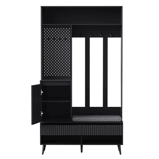 Conjunto de armário 100x35x180 cm - com banco, 4 ganchos, 2 gavetas, 1 porta - Preto