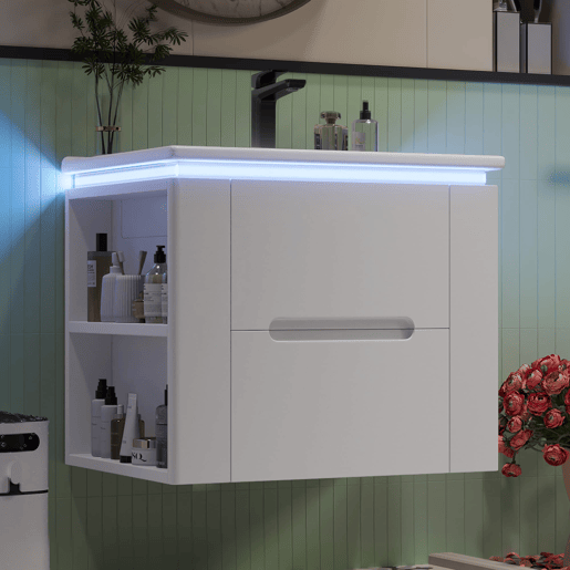 Armário de casa de banho suspenso 61x46x48,5 cm - com iluminação LED, 2 gavetas, lavatório integrado - branco