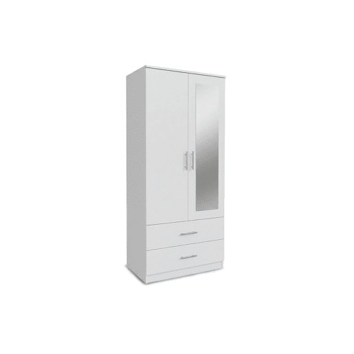 Guarda-roupa para quarto com 2 portas, 2 gavetas e espelho, branco.