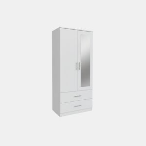 Guarda-roupa para quarto com 2 portas, 2 gavetas e espelho, branco.