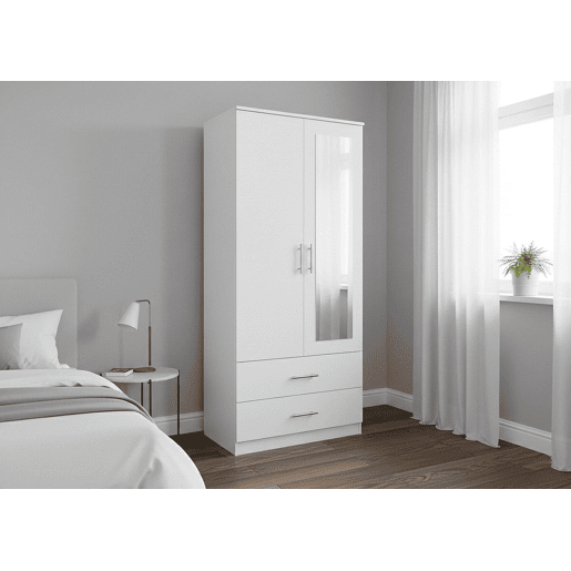 Guarda-roupa para quarto com 2 portas, 2 gavetas e espelho, branco.