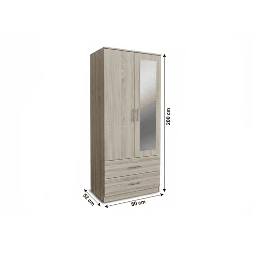 Guarda-roupa para quarto com 2 portas, 2 gavetas e espelho, branco.