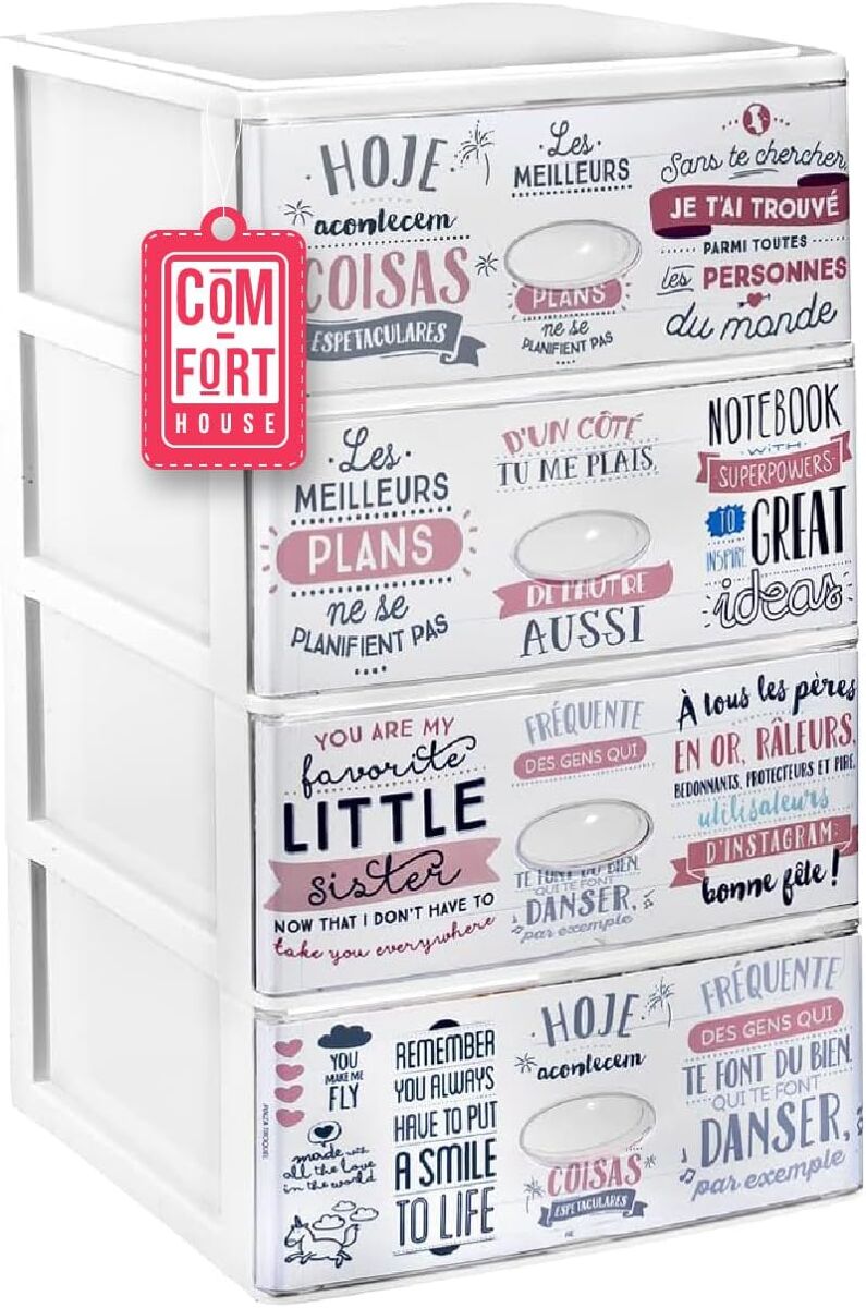 Com-fort house | cajonera apilable de plástico efecto cristal | modelo textos | color blanco | modelo de 4 cajones | | (380 x 370 x 626 mm)