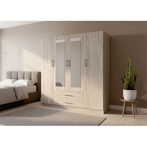 Guarda-roupa de quarto com 4 portas e espelho, Cambria Guarda-roupa de quarto com 4 portas e espelho, Cambria