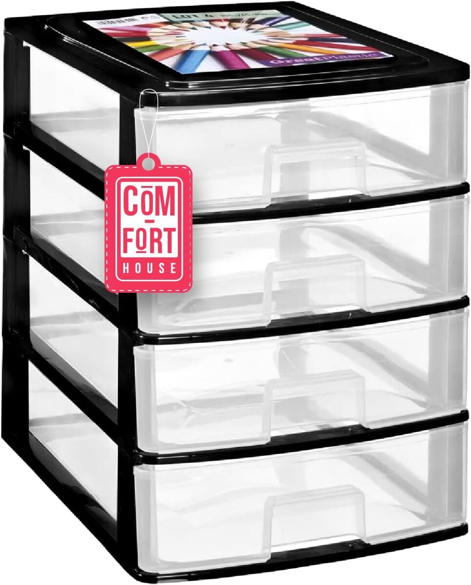 Com-fort house | cajonera apilable de plástico | modelo transparente | color negro | modelo de 4 cajones