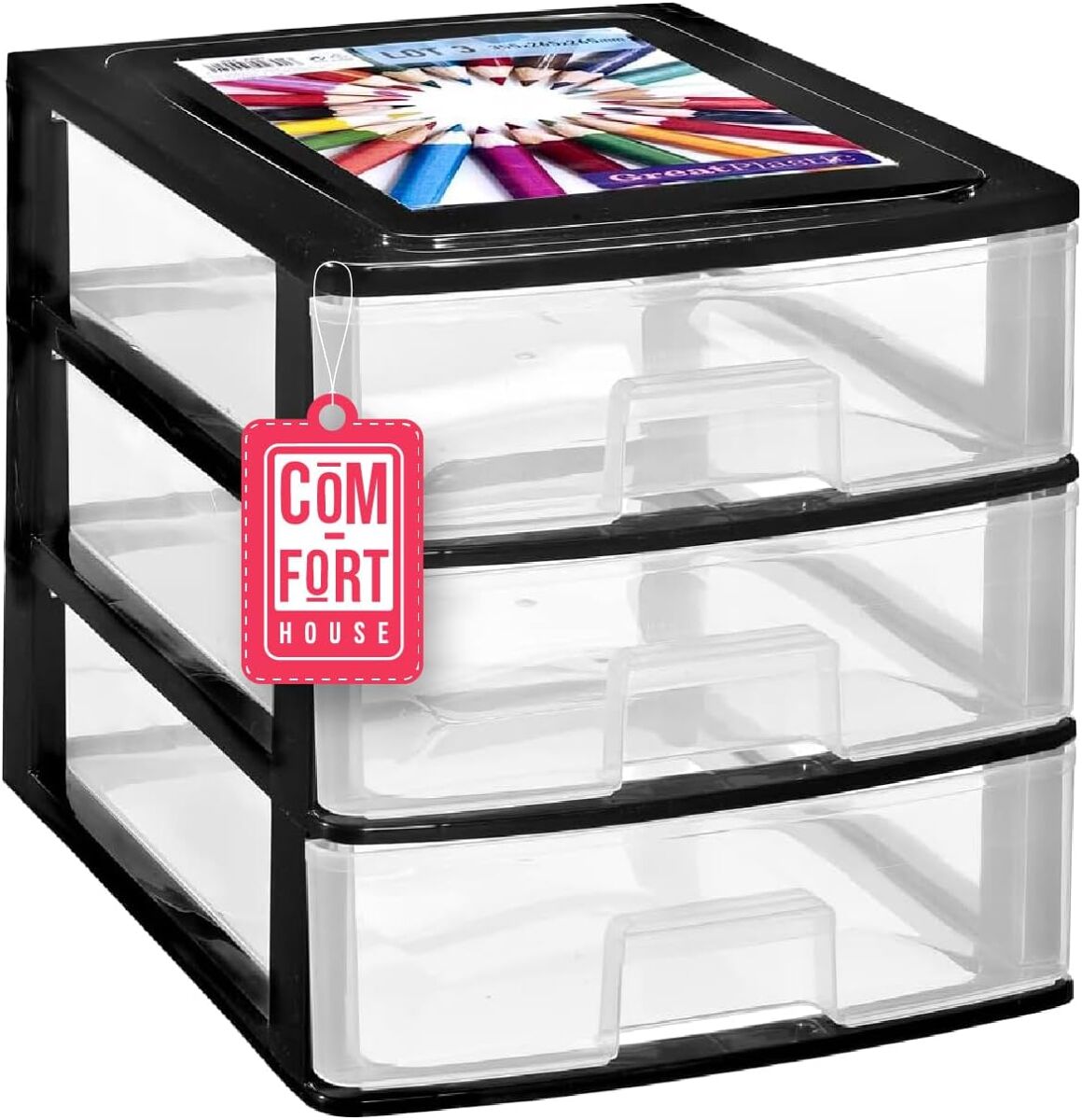 Com-fort house | cajonera apilable de plástico | modelo transparente | color negro | modelo de 3 cajones
