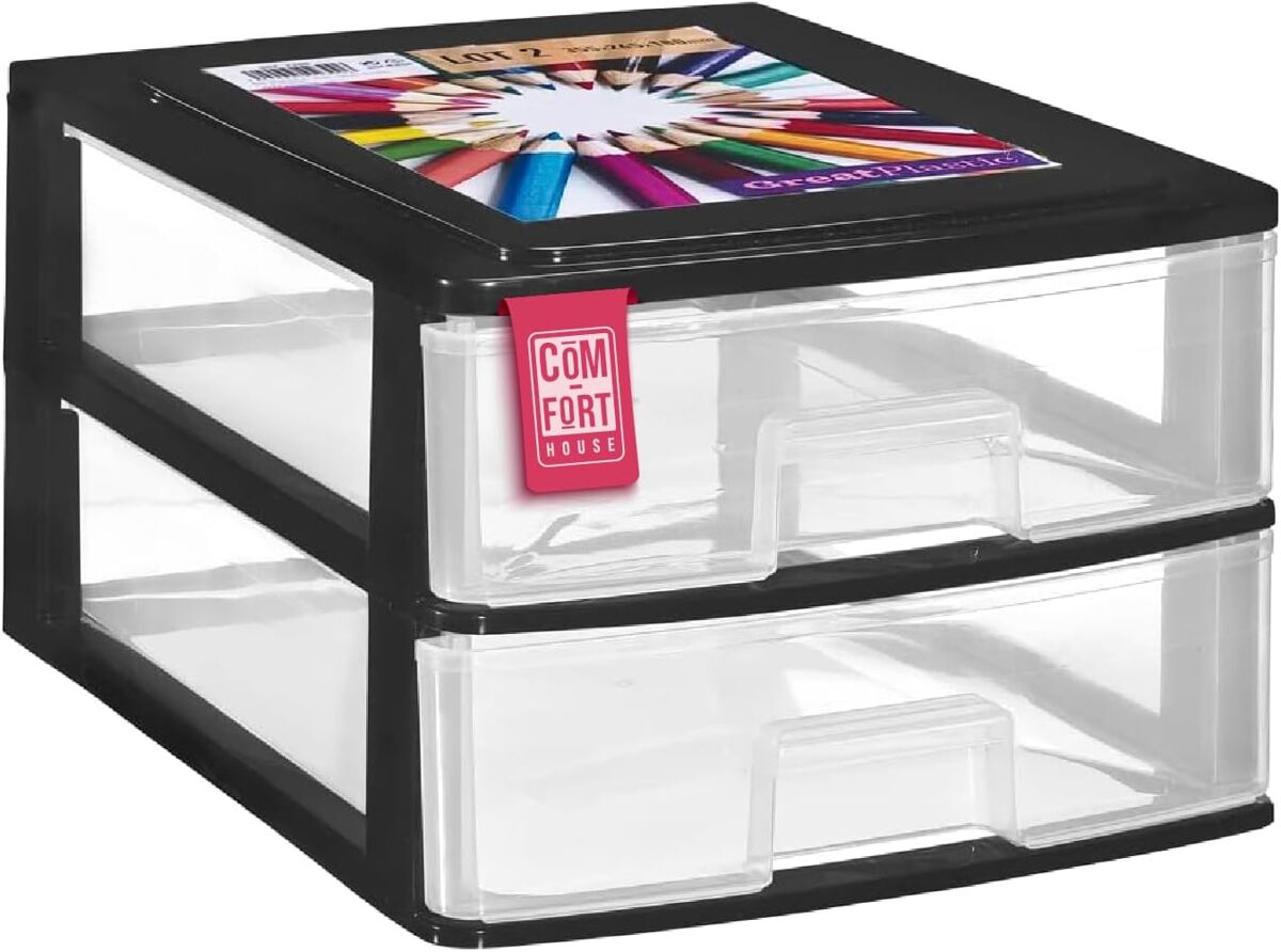 Com-fort house | cajonera apilable de plástico | modelo transparente | color negro | modelo de 2 cajones