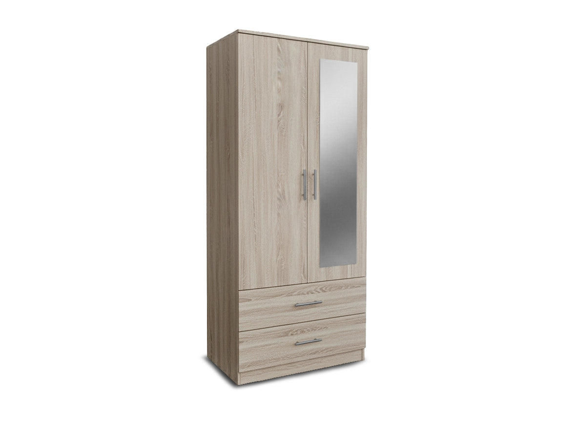 Armario de Dormitorio 2 Puertas 2 Cajones W, con Espejo 80 Natural