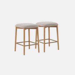 Pacote de 2 banquetas de madeira de carvalho natural estofadas em beige