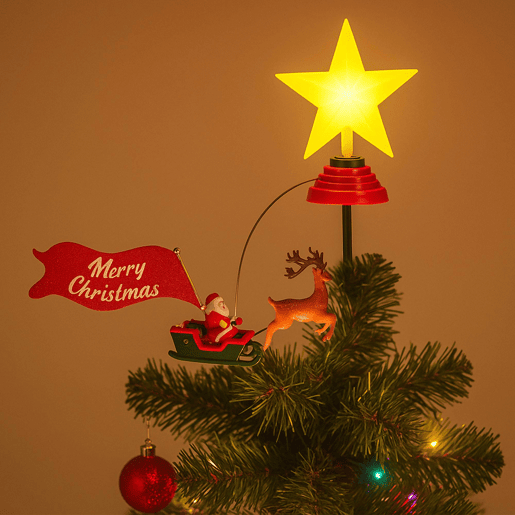 Estrela de Natal LED para o topo da árvore com música e trenó giratório
