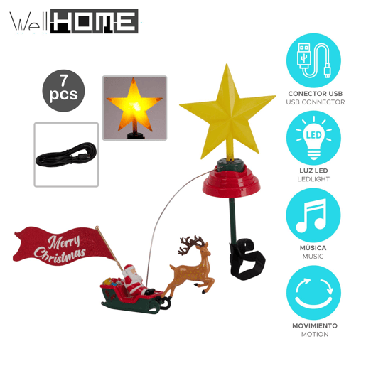 Estrela de Natal LED para o topo da árvore com música e trenó giratório