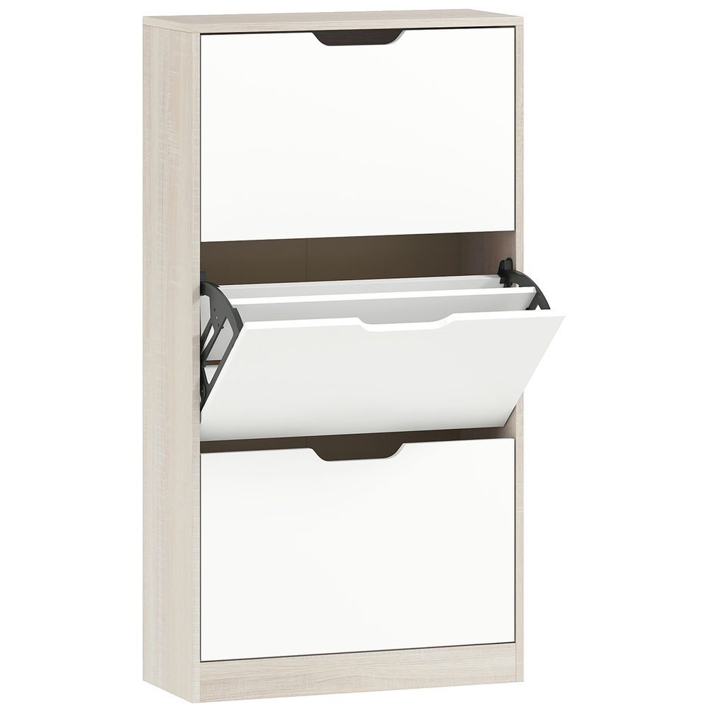 Homcom zapatero estrecho, 3 puertas abatibles, zapatero entrada recibidor para 18 pares de zapatos, para pasillo, espacios reducidos, 62,5x26x117,5 cm, roble y blanco