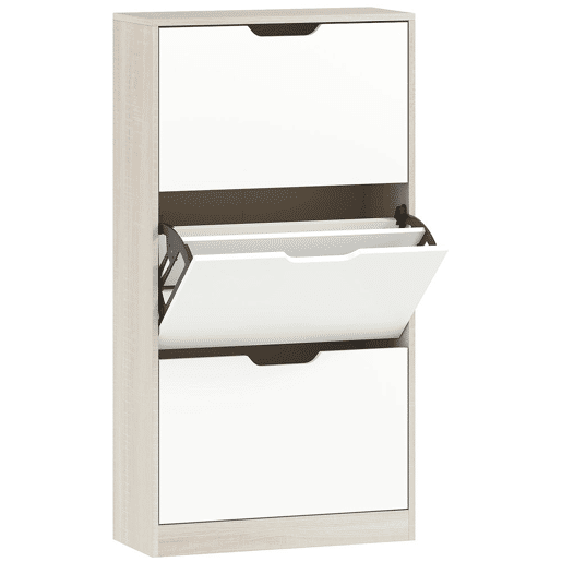 HOMCOM Sapateira de Madeira com 3 Compartimentos Abatíveis e Prateleiras de Armazenamento com Capacidade para 12 Pares de Sapatos para Entrada Corredor Dormitório 62,5x26x117,5 cm Branco e Madeira