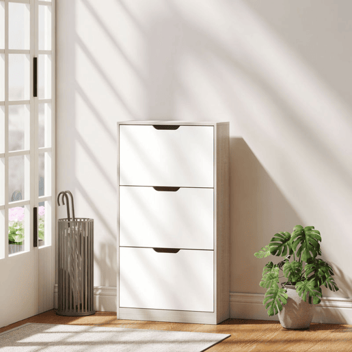 HOMCOM Sapateira de Madeira com 3 Compartimentos Abatíveis e Prateleiras de Armazenamento com Capacidade para 12 Pares de Sapatos para Entrada Corredor Dormitório 62,5x26x117,5 cm Branco e Madeira