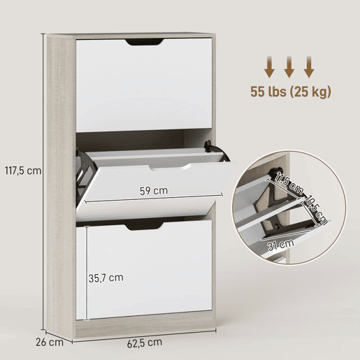 HOMCOM Sapateira de Madeira com 3 Compartimentos Abatíveis e Prateleiras de Armazenamento com Capacidade para 12 Pares de Sapatos para Entrada Corredor Dormitório 62,5x26x117,5 cm Branco e Madeira
