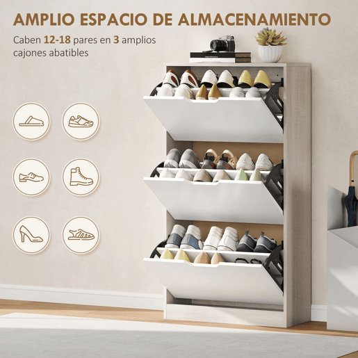 HOMCOM Sapateira de Madeira com 3 Compartimentos Abatíveis e Prateleiras de Armazenamento com Capacidade para 12 Pares de Sapatos para Entrada Corredor Dormitório 62,5x26x117,5 cm Branco e Madeira