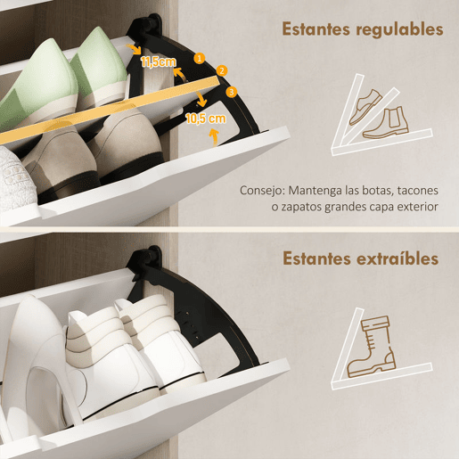 HOMCOM Sapateira de Madeira com 3 Compartimentos Abatíveis e Prateleiras de Armazenamento com Capacidade para 12 Pares de Sapatos para Entrada Corredor Dormitório 62,5x26x117,5 cm Branco e Madeira
