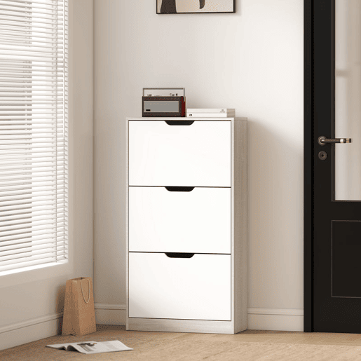 HOMCOM Sapateira de Madeira com 3 Compartimentos Abatíveis e Prateleiras de Armazenamento com Capacidade para 12 Pares de Sapatos para Entrada Corredor Dormitório 62,5x26x117,5 cm Branco e Madeira