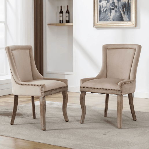 Cadeira de jantar bege com 4 pernas - Cadeira estofada com tachas, madeira maciça, veludo Cadeira de jantar bege com 4 pernas - Cadeira estofada com tachas, madeira maciça, veludo