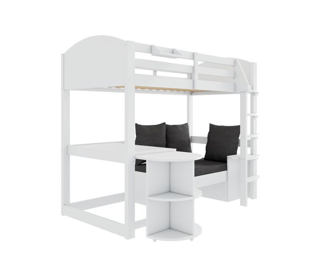 Cama alta infantil 90x200 - multifuncional con escalera, mesa extraíble, sofá con almacenamiento, estantes, cojines - blanca