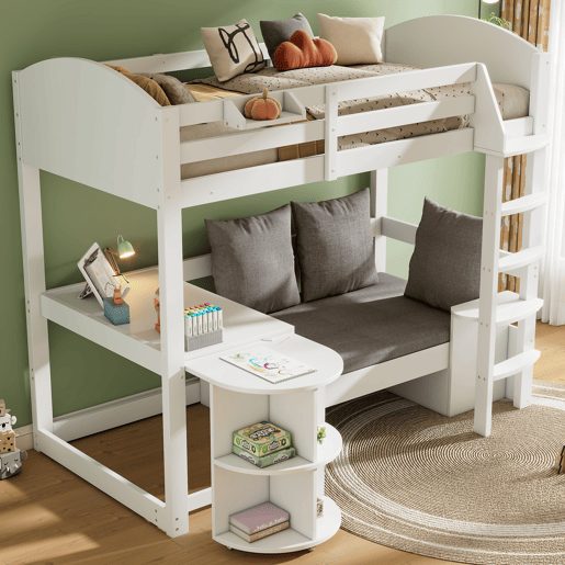Cama alta infantil 90x200 - Multifuncional com escada, mesa removível, sofá com arrumação, prateleiras, almofadas - Branca